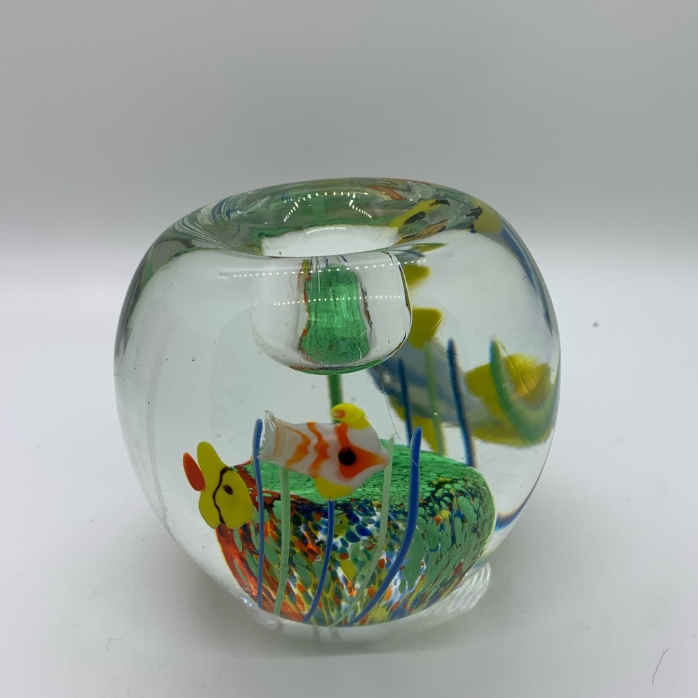 Heavy glass paperweight candle holder!  Fish!!  “Murano Style”
